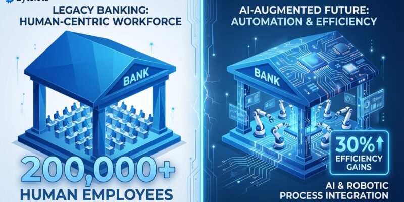 Split-screen illustration showing European banking workforce transformation from human workers to AI automation