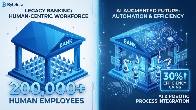 Split-screen illustration showing European banking workforce transformation from human workers to AI automation