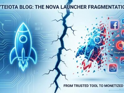 Nova Launcher logo breaking apart and transforming into advertising tracker symbols, representing app acquisition and enshittification