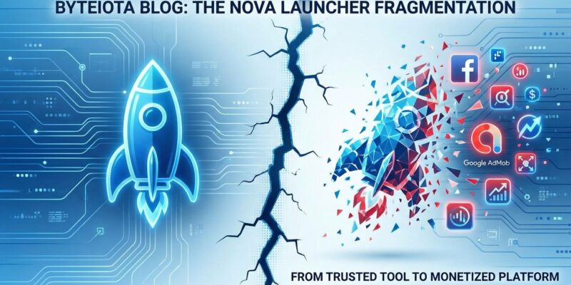 Nova Launcher logo breaking apart and transforming into advertising tracker symbols, representing app acquisition and enshittification