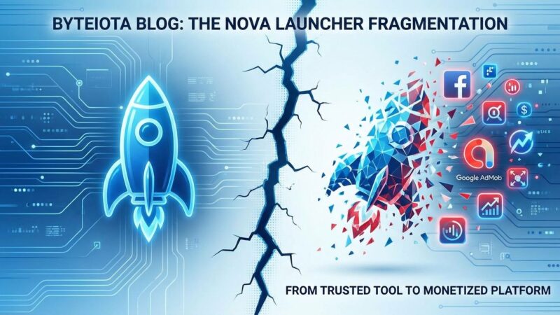 Nova Launcher logo breaking apart and transforming into advertising tracker symbols, representing app acquisition and enshittification