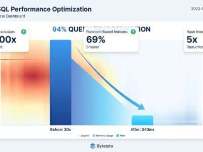 PostgreSQL 17 performance dashboard showing 94% query time reduction, 20x memory savings, and index optimization improvements