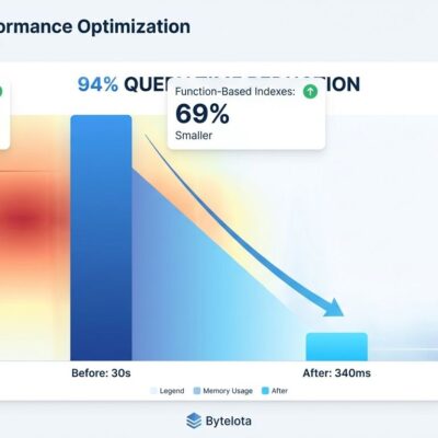 PostgreSQL 17 performance dashboard showing 94% query time reduction, 20x memory savings, and index optimization improvements