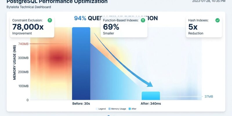PostgreSQL 17 performance dashboard showing 94% query time reduction, 20x memory savings, and index optimization improvements