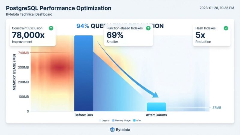 PostgreSQL 17 performance dashboard showing 94% query time reduction, 20x memory savings, and index optimization improvements