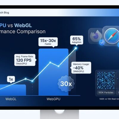 WebGPU performance comparison dashboard showing 15-30x gains over WebGL with browser support timeline for Firefox 147 and iOS 26