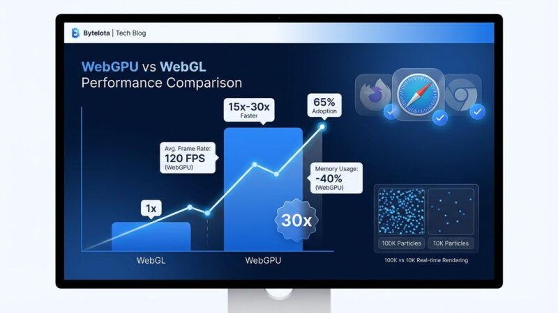 WebGPU performance comparison dashboard showing 15-30x gains over WebGL with browser support timeline for Firefox 147 and iOS 26