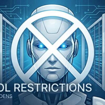 AI robot with ban symbol representing Anthropic's walled garden enforcement and Claude Code restrictions