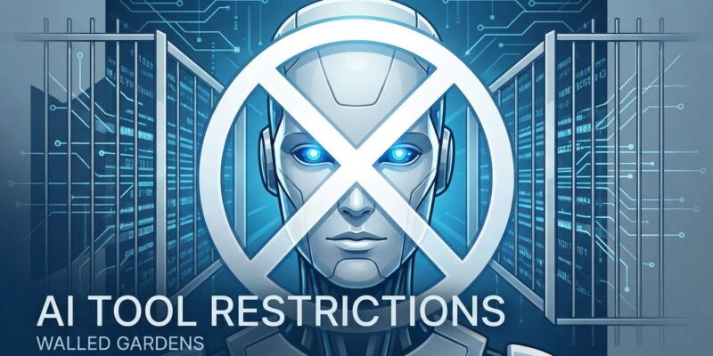 AI robot with ban symbol representing Anthropic's walled garden enforcement and Claude Code restrictions