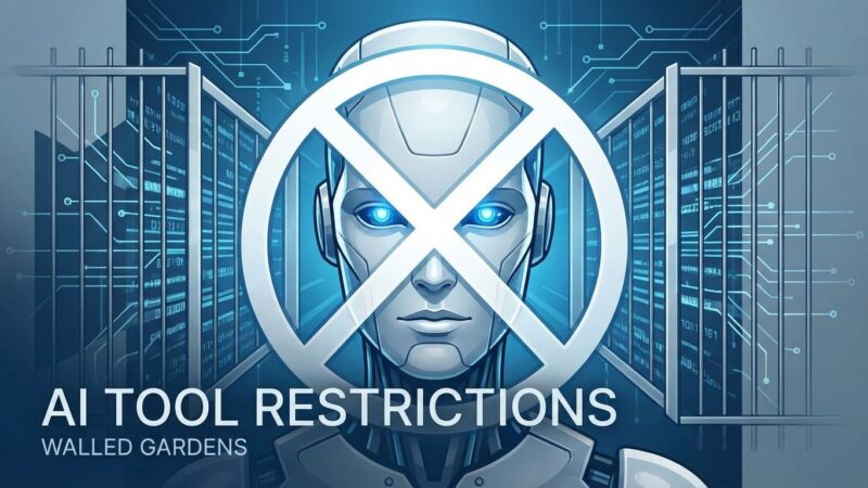 AI robot with ban symbol representing Anthropic's walled garden enforcement and Claude Code restrictions