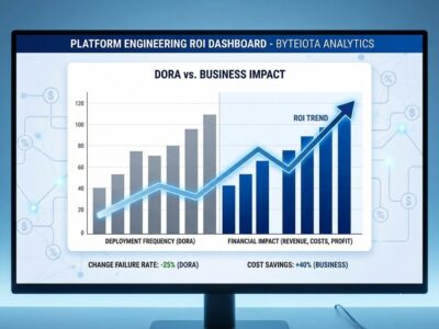 Data visualization dashboard showing platform engineering ROI comparison between DORA metrics and business metrics with revenue, costs, and profit indicators
