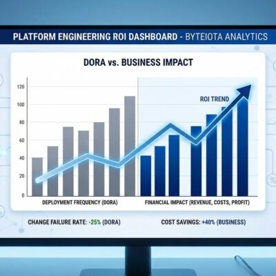 Data visualization dashboard showing platform engineering ROI comparison between DORA metrics and business metrics with revenue, costs, and profit indicators