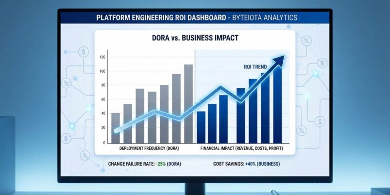 Data visualization dashboard showing platform engineering ROI comparison between DORA metrics and business metrics with revenue, costs, and profit indicators