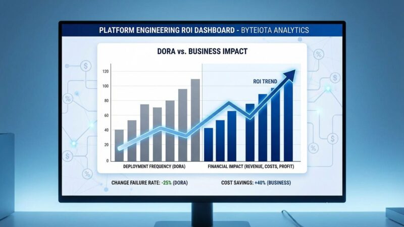 Data visualization dashboard showing platform engineering ROI comparison between DORA metrics and business metrics with revenue, costs, and profit indicators