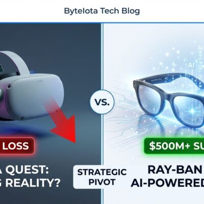 Split-screen comparison showing VR headset failure on left versus Ray-Ban Meta AI glasses success on right, representing Meta's strategic pivot from metaverse to AI