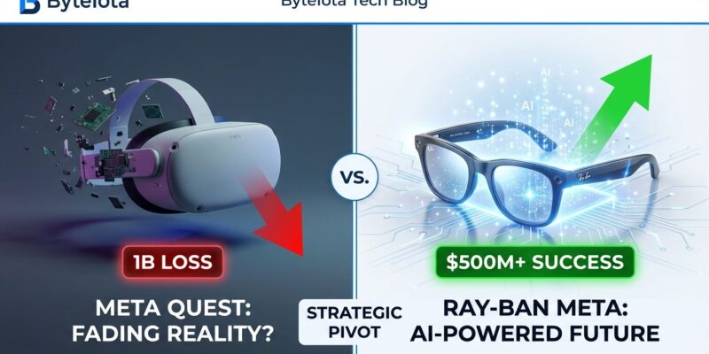 Split-screen comparison showing VR headset failure on left versus Ray-Ban Meta AI glasses success on right, representing Meta's strategic pivot from metaverse to AI
