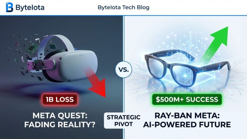 Split-screen comparison showing VR headset failure on left versus Ray-Ban Meta AI glasses success on right, representing Meta's strategic pivot from metaverse to AI