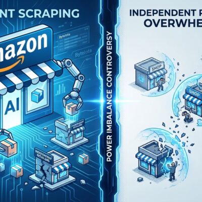 Split-screen visualization showing Amazon's AI shopping agents scraping independent retailers, illustrating platform power imbalance
