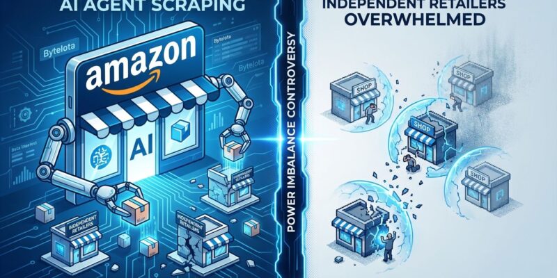 Split-screen visualization showing Amazon's AI shopping agents scraping independent retailers, illustrating platform power imbalance