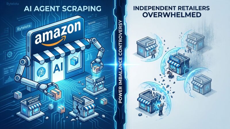 Split-screen visualization showing Amazon's AI shopping agents scraping independent retailers, illustrating platform power imbalance