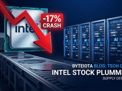 Intel CPU chip with red downward stock arrow showing -17% crash, empty semiconductor conveyor belt, AI server racks in background