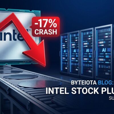 Intel CPU chip with red downward stock arrow showing -17% crash, empty semiconductor conveyor belt, AI server racks in background