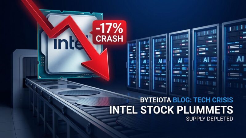 Intel CPU chip with red downward stock arrow showing -17% crash, empty semiconductor conveyor belt, AI server racks in background