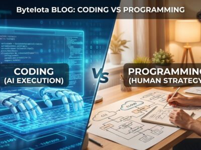 Split image showing AI code generation on left (blue, digital) and human architect making system design decisions on right (warm tones)