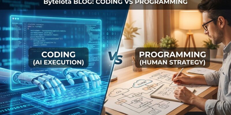 Split image showing AI code generation on left (blue, digital) and human architect making system design decisions on right (warm tones)