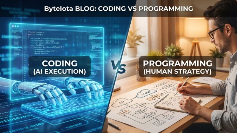 Split image showing AI code generation on left (blue, digital) and human architect making system design decisions on right (warm tones)