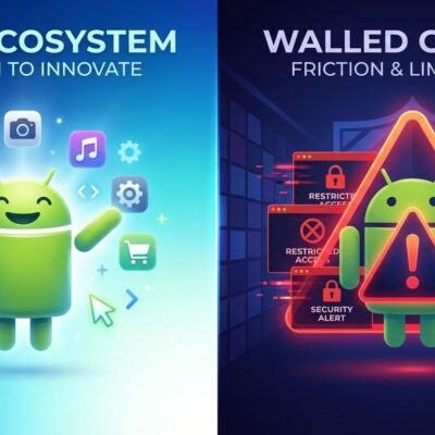Split-screen image showing Android freedom vs high-friction sideloading warnings