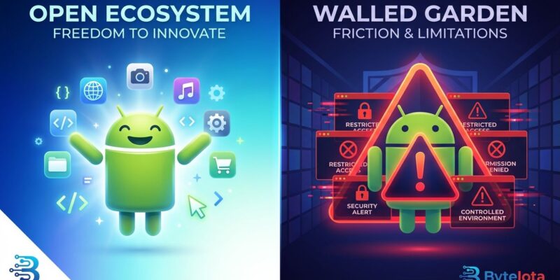 Split-screen image showing Android freedom vs high-friction sideloading warnings