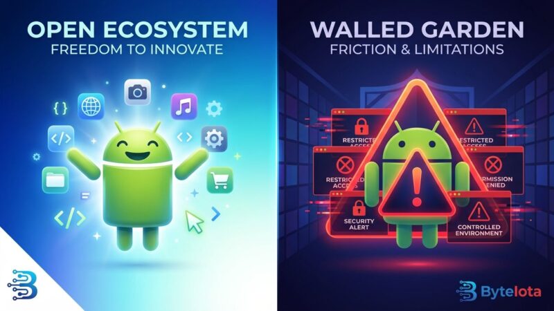 Split-screen image showing Android freedom vs high-friction sideloading warnings