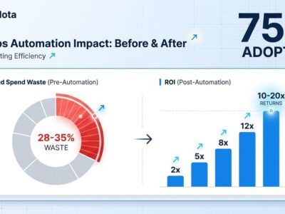 Data visualization dashboard showing FinOps automation metrics: 28-35% cloud waste reduction and 10-20x ROI returns