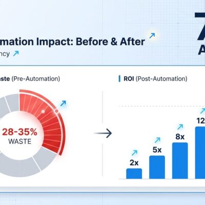 Data visualization dashboard showing FinOps automation metrics: 28-35% cloud waste reduction and 10-20x ROI returns