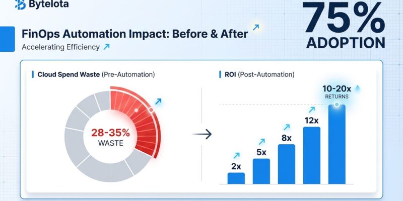 Data visualization dashboard showing FinOps automation metrics: 28-35% cloud waste reduction and 10-20x ROI returns