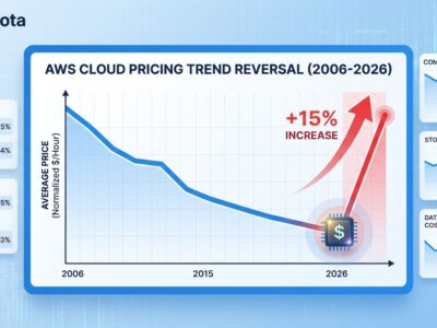 Data visualization showing AWS cloud pricing trend from 2006-2026 with dramatic upward spike in 2026, breaking 20-year decline pattern. Chart shows 15% GPU price increase marking historic inflection point.