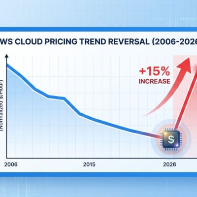 Data visualization showing AWS cloud pricing trend from 2006-2026 with dramatic upward spike in 2026, breaking 20-year decline pattern. Chart shows 15% GPU price increase marking historic inflection point.