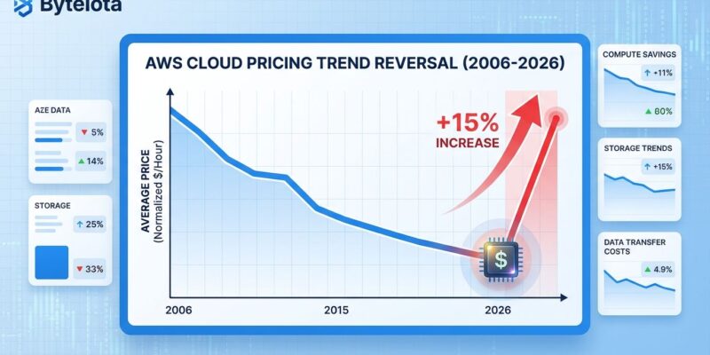 Data visualization showing AWS cloud pricing trend from 2006-2026 with dramatic upward spike in 2026, breaking 20-year decline pattern. Chart shows 15% GPU price increase marking historic inflection point.