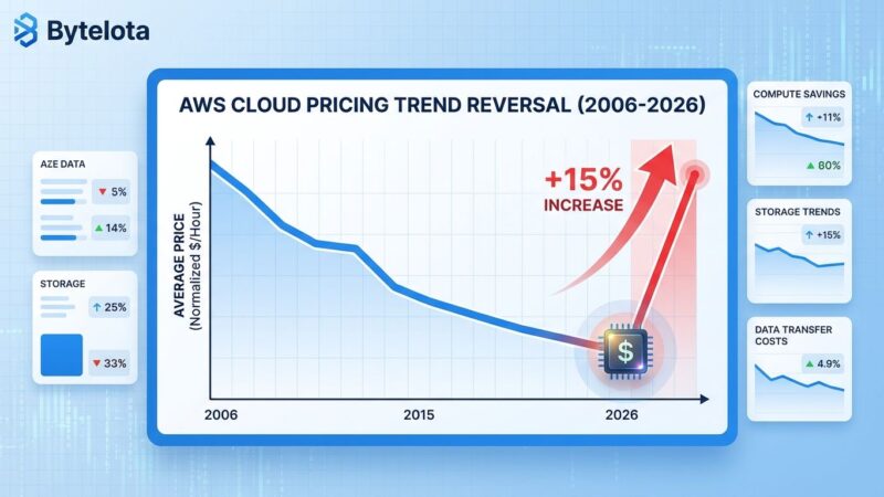 Data visualization showing AWS cloud pricing trend from 2006-2026 with dramatic upward spike in 2026, breaking 20-year decline pattern. Chart shows 15% GPU price increase marking historic inflection point.