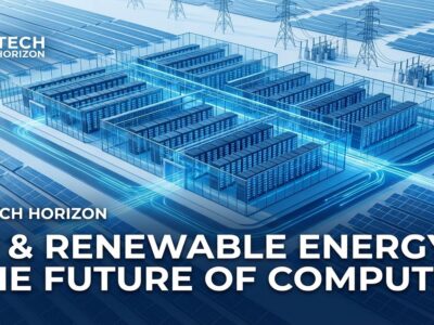 Modern AI data center with solar panel arrays and energy infrastructure