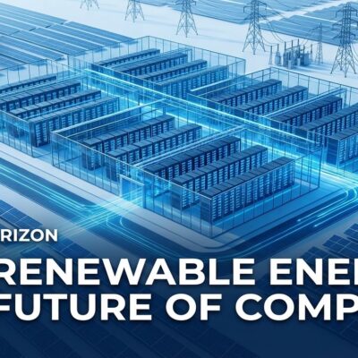 Modern AI data center with solar panel arrays and energy infrastructure