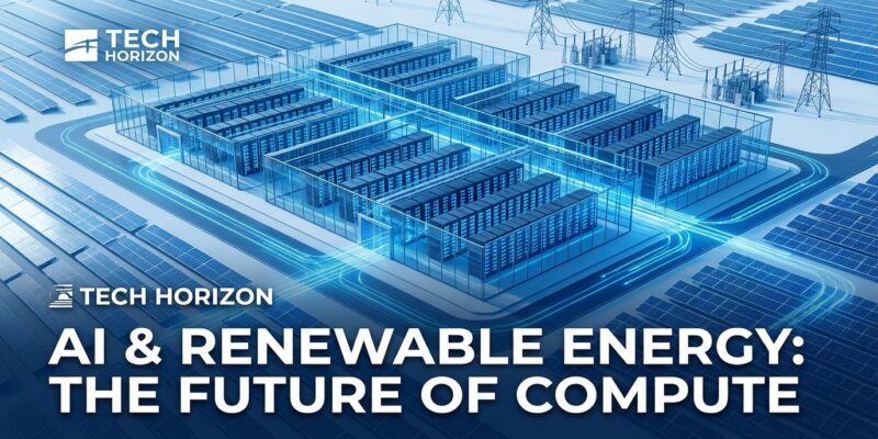 Modern AI data center with solar panel arrays and energy infrastructure