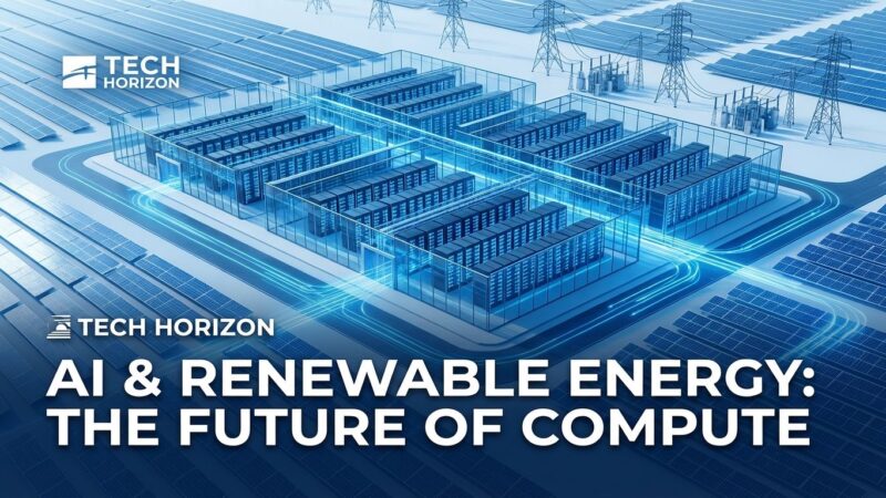 Modern AI data center with solar panel arrays and energy infrastructure