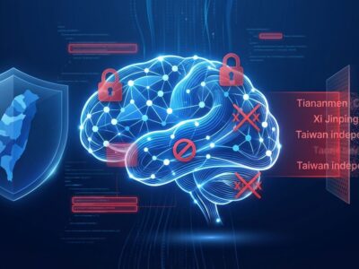 AI censorship visualization showing DeepSeek neural network with red censorship blocks and Taiwan shield