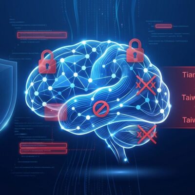 AI censorship visualization showing DeepSeek neural network with red censorship blocks and Taiwan shield