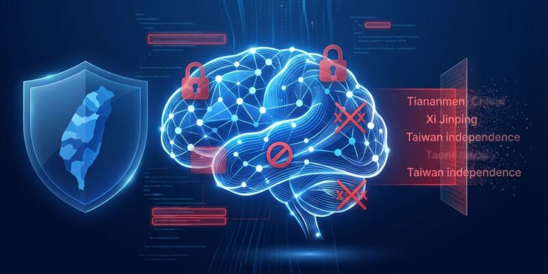 AI censorship visualization showing DeepSeek neural network with red censorship blocks and Taiwan shield