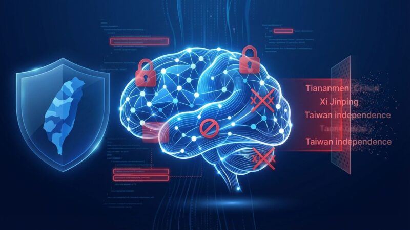 AI censorship visualization showing DeepSeek neural network with red censorship blocks and Taiwan shield