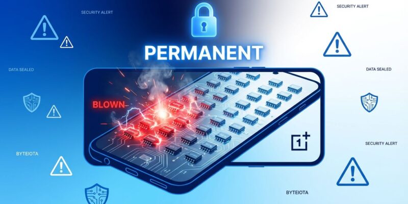 OnePlus smartphone with blown hardware e-fuses showing permanent anti-rollback security mechanism