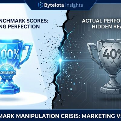 Split-screen visualization showing pristine benchmark trophy on left versus broken trophy on right, representing gap between claimed vs actual AI model performance